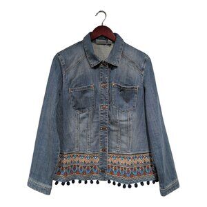Chico's Blue Denim Jacket with Multicolor Trim